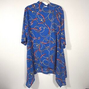 Vintage 90s Feratelli‎ Equestrian Chain Print Top L Blue Asymmetrical Zip Y2K